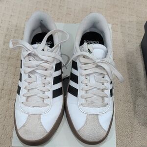 adidas White Sneakers with Black Stripes and Gum Sole
